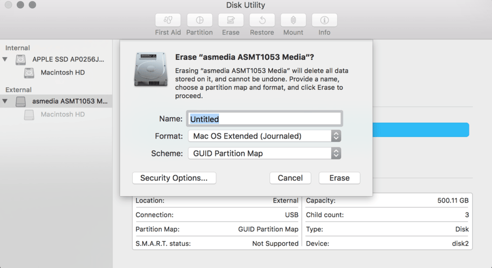 Disk Utility Erase menu for a specific drive