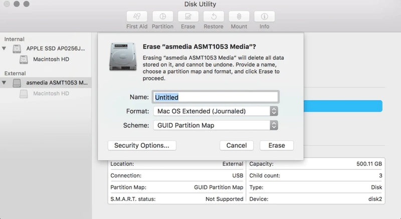Disk Utility Erase menu for a specific drive