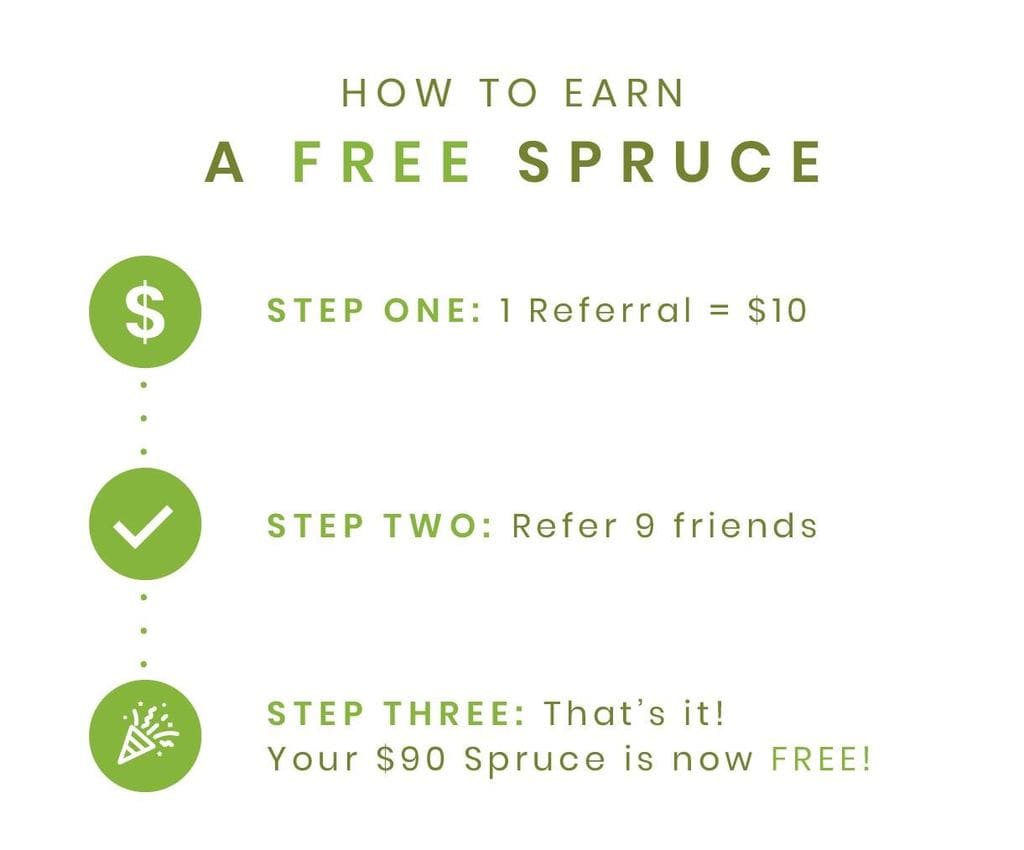 Earn a free Spruce with referrals. Each referral is equal to 10 dollars.
