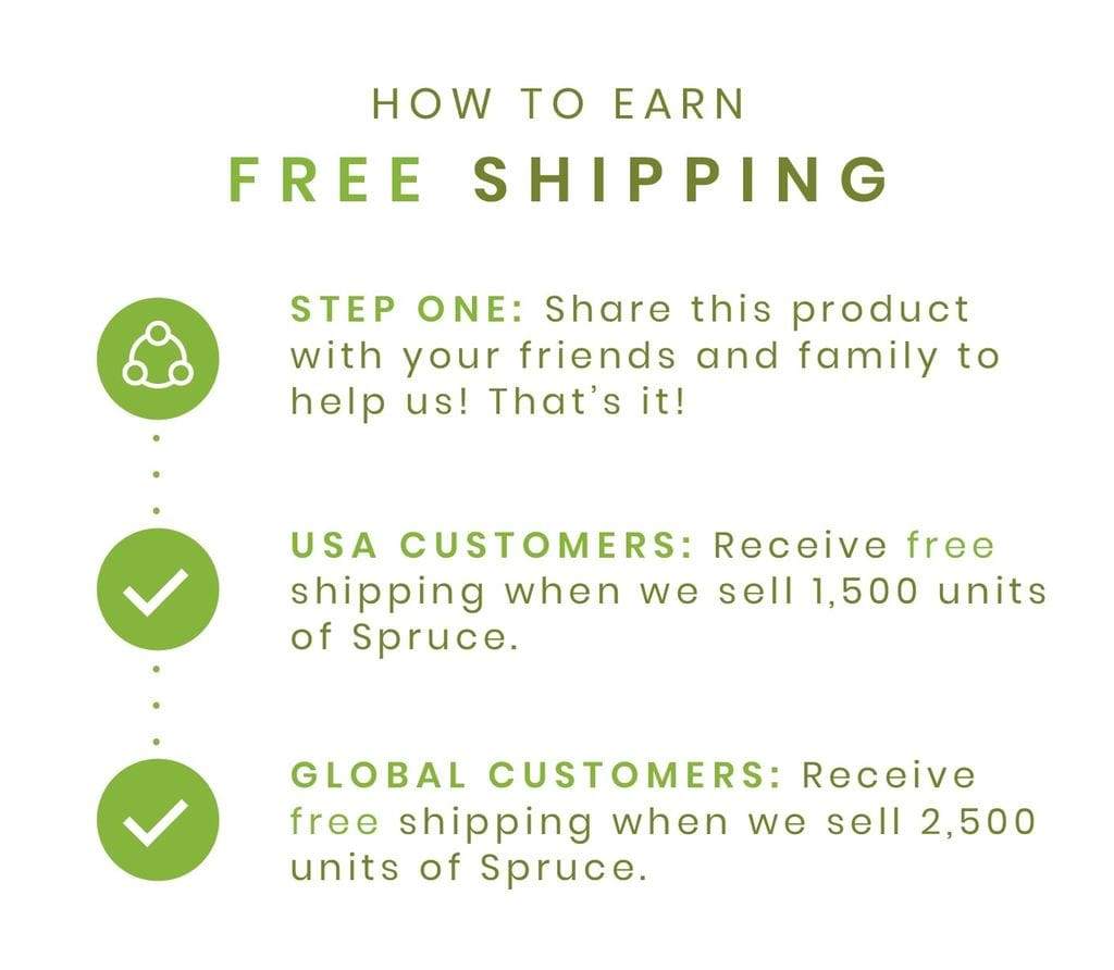 USA Customers receive free shipping when we sell 1,500 units. Global customers receive free shipping when we sell 2,500 units of Spruce.