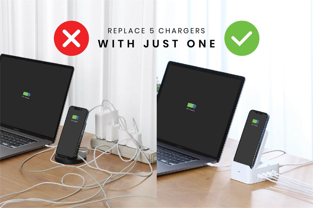 Five separate chargers plugged into a power strip, each charging a device. On the right is one Spruce charger charging all of the devices.