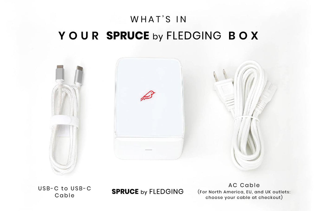 Included in your Spruce Box is a USB-C to USB-C Cable, Spruce Charger, and either an NA, EU, or UK power cable