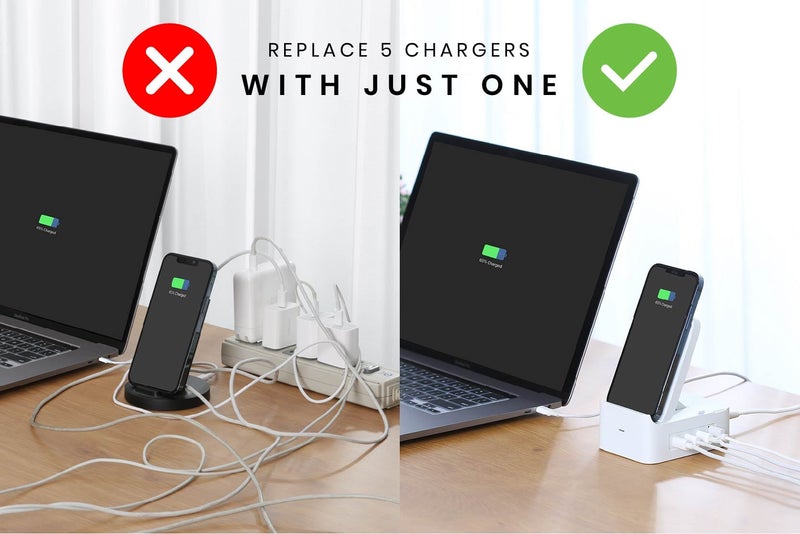 Replace 5 Chargers with just one. Five separate chargers plugged into a power strip, each charging a device. On the right is one Spruce charger charging all of the devices.
