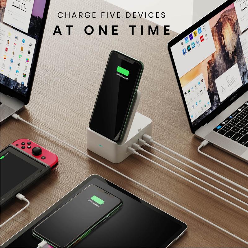 Fledging Spruce Desktop Charger charging five devices at one time simulatenously