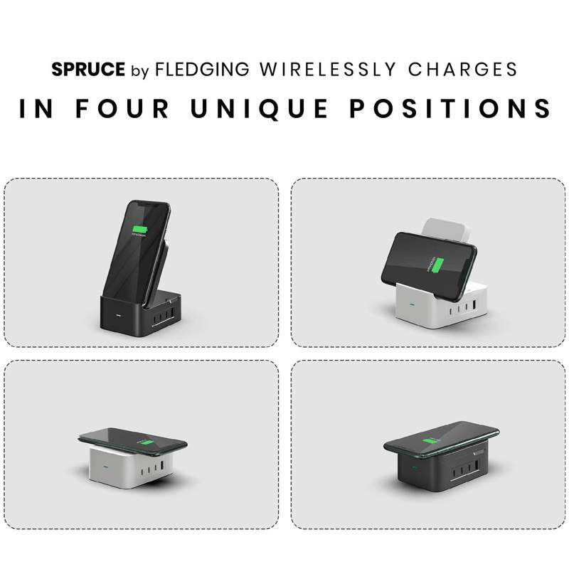 Spruce wirelessly charges in four unique positions. Whether the stand is up or flat, the device charges vertically and horizontally.