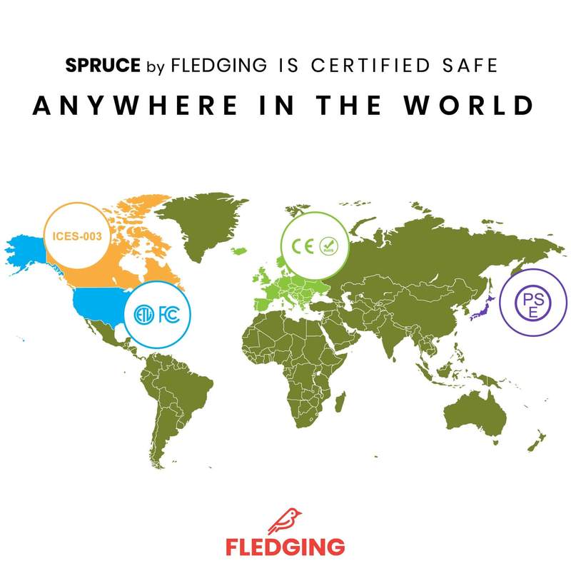 Spruce by Fledging has safety certifications across the world. The map highlights Canada, the United States, Europe, and Japan.
