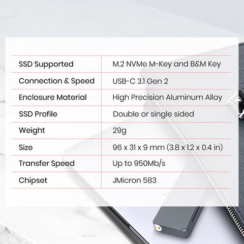Supports SSD M.2 NVMe. USB-C 3.1 Gen 2. Aluminium Enclosure is 96 x 31 x 9 mm at 29 grams. Up to 950Mb/s. JMicron 583 Chipset.