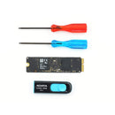 Red P5 screwdriver, blue T5 screwdriver, Apple OEM SSD, and USB installer distributed in a column