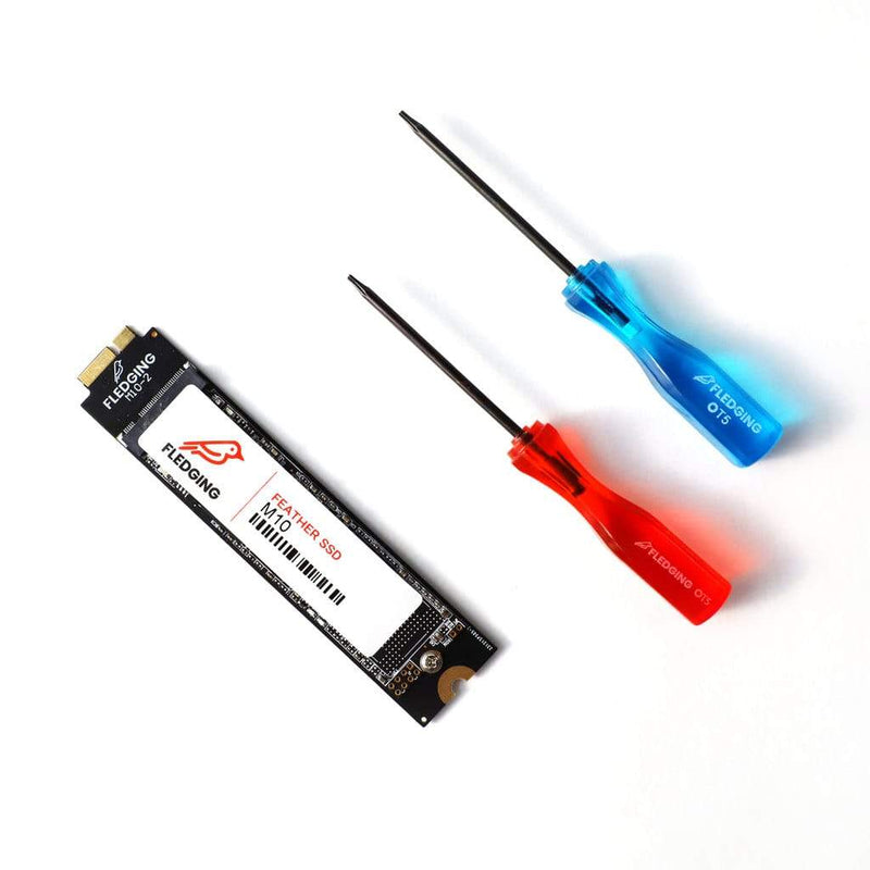 M10 Feather SSD, red P5 screwdriver, and blue T5 screwdriver distributed in a row