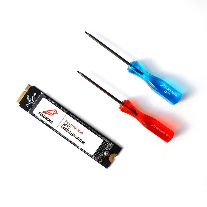 M12 Feather SSD, red P5 screwdriver, and blue T5 screwdriver distributed in a row