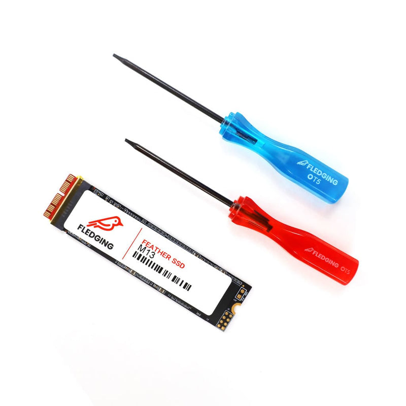 M13 Feather SSD, red P5 screwdriver, and blue T5 screwdriver distributed in a row