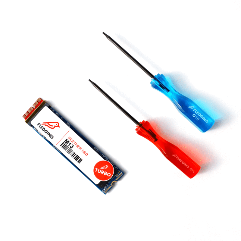 M13 Turbo SSD, red P5 screwdriver, and blue T5 screwdriver distributed in a row