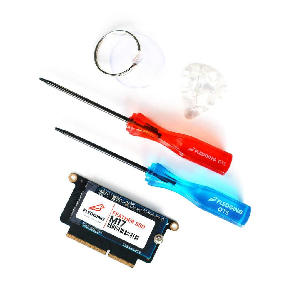 M17 Feather SSD, red P5 screwdriver, blue T5 screwdriver, guitar pick, and suction cup distributed in a row