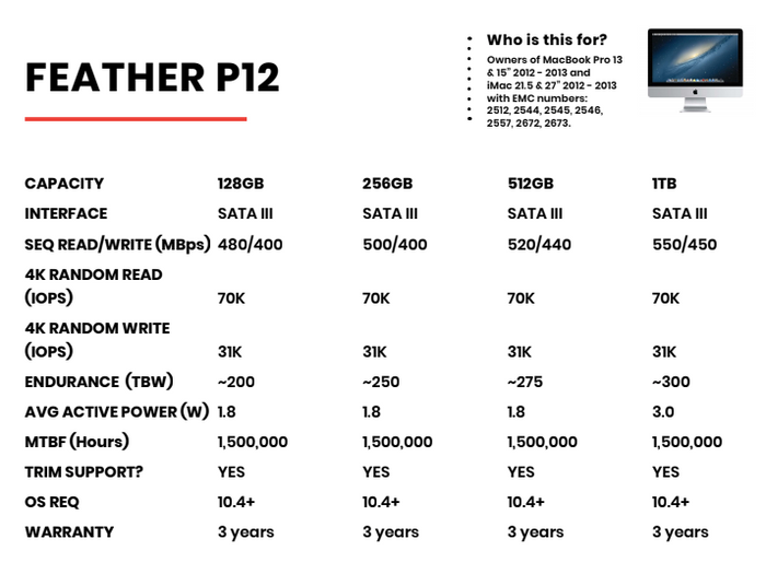 Chart comparing specs of P12 capacities between 128GB and 1TB