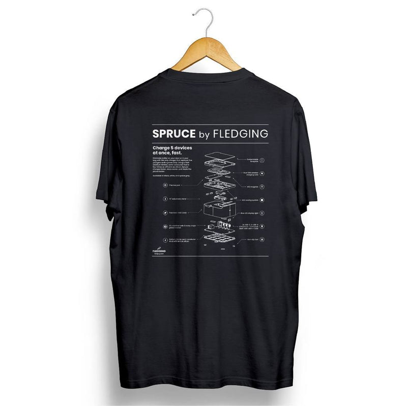 Graphic back of black t-shirt: title SPRUCE by Fledging, small paragraph on Spruce's value top-left body section, Spruce charger exploded view below
