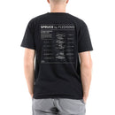 Man turned around, showing back of black Spruce t-shirt. Large graphic of exploded view of Spruce Charger's components.