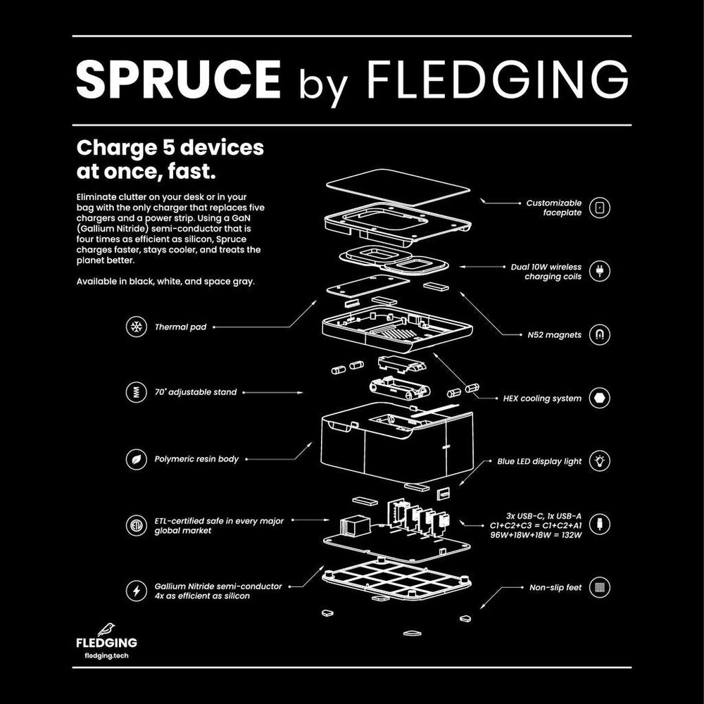 Design file for exploded view of Spruce charger's components on back of black spruce t-shirt. Spruce by Fledging. Charge 5 devices at once, fast.