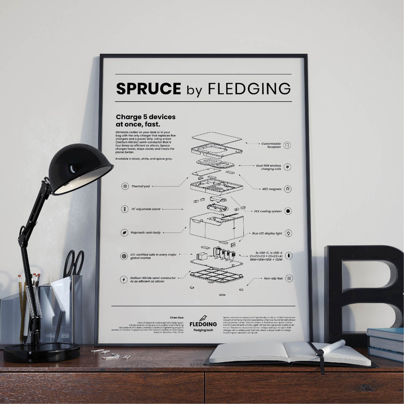 Spruce by Fledging Poster inside a black frame, leaning against the wall on top of a dark oak desk with a black lamp, notebook, and decoration.