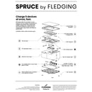 Design file of exploded view of Spruce Charger. Spruce by Fledging. Charge 5 devices at once, fast. Footer of designer and story behind Spruce.