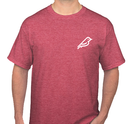 Man wearing red T-shirt with Fledging bird logo in top-left breast